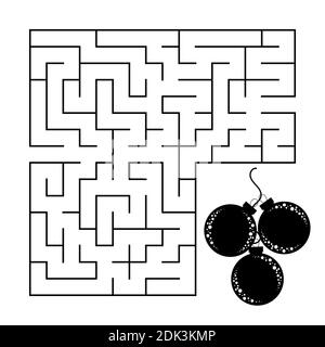 Abstract square maze with a black and white picture. Christmas balls. An interesting and useful game for children. Simple flat vector illustration iso Stock Vector