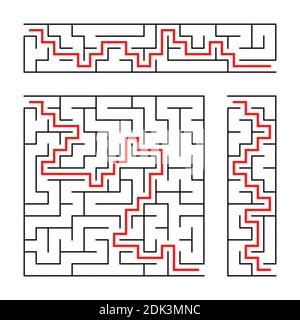 Black abstract labyrinth. A set of three puzzles. An interesting and useful game for children. With the answer. Simple flat vector illustration isolat Stock Vector