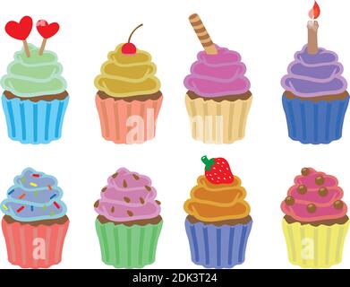 Set of eight colorful cupcakes vector icons isolated on white background Stock Vector