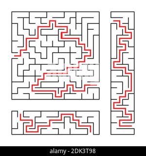 Black abstract labyrinth. A set of three puzzles. An interesting and useful game for children. With the answer. Simple flat vector illustration isolat Stock Vector