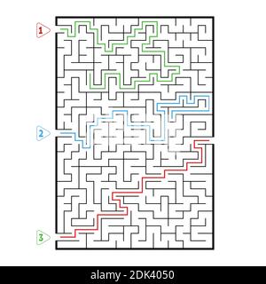 Abstract rectangular large maze. Game for kids. Puzzle for children. Three entrances, one exit. Labyrinth conundrum. Flat vector illustration isolated Stock Vector