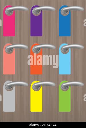 Set of blank colorful door hangers with copy space on door knobs on wooden texture background. vector illustration. Stock Vector