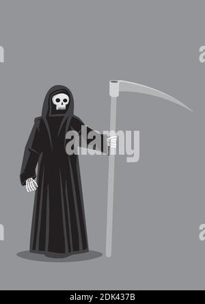 Vector cartoon illustration of Grim Reaper, character personification of Death, skeleton dressed in black hooded cloak costume and carrying a scythe i Stock Vector