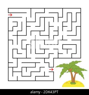 Abstract square maze with a color picture. Island with a palm tree. An interesting and useful game for children. Simple flat vector illustration isola Stock Vector