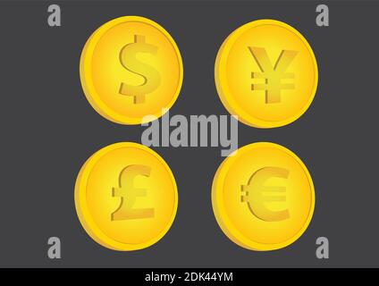 Set of four vector illustrations of gold coins with dollar, yen, pound and euro currency symbols, in slightly tilted position, isolated on black backg Stock Vector