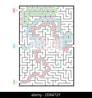 Abstract rectangular large maze. Game for kids. Puzzle for children. Three entrances, one exit. Labyrinth conundrum. Flat vector illustration isolated Stock Vector