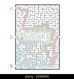 Abstract rectangular large maze. Game for kids. Puzzle for children. Three entrances, one exit. Labyrinth conundrum. Flat vector illustration isolated Stock Vector
