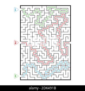 Abstract rectangular large maze. Game for kids. Puzzle for children. Three entrances, one exit. Labyrinth conundrum. Flat vector illustration isolated Stock Vector