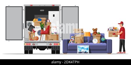 Delivery truck full of home stuff inside. Moving to new house. Family relocated to new home. Boxes with goods. Package transportation. Computer, lamp, clothes, books. Flat vector illustration Stock Vector