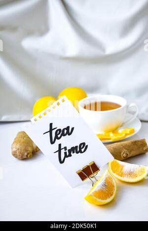 TEA TIME- written on piece of paper among the products for the ...
