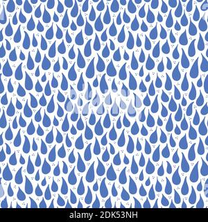 Raindrop pattern design, cute weather vector seamless repeat of blue hand drawn rain and dots. Stock Vector