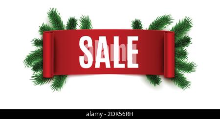 Christmas sale advertisement, realistic red ribbon and fir tree branches, vector illustration Stock Vector