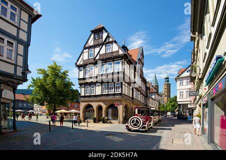 Germany, Lower Saxony, Harz, town of Goslar, Marktkirche, Marktstrasse with a view of the market square (left) Stock Photo