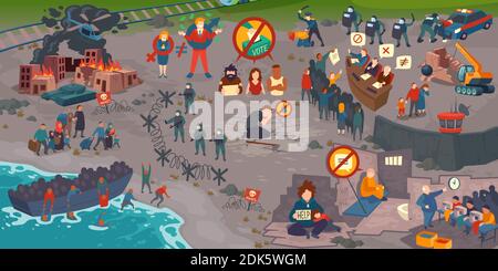 Global crisis, refugees, strike for human rights, people in trouble. Man crying of water lack, prisoner in jail, poor family with child beg, laborers on sewing factory Cartoon flat vector illustration Stock Vector