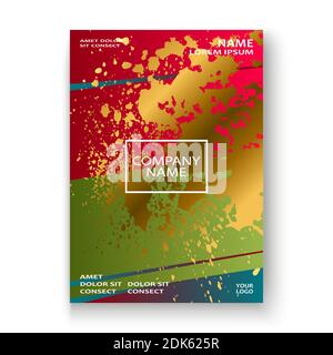 Creative Christmas cover frame design paint golden splatter, gold glitter vector illustration. Neon red green abstract template invitation. Colorful s Stock Vector