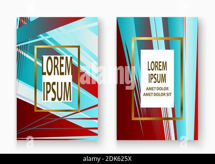 Creative Christmas cover golden frame design vector illustration. Blue red abstract template invitation. Colorful striped pattern geometric shape gree Stock Vector
