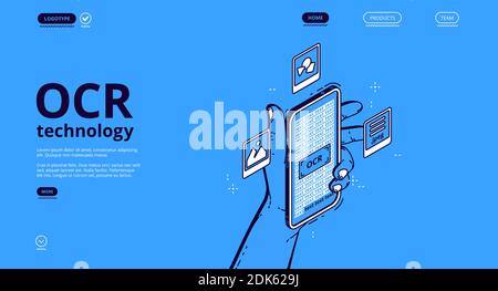 OCR technology banner. Optical character recognition service for scan and digitalisation information from paper document, image and handwritten text. Vector landing page with isometric smartphone Stock Vector