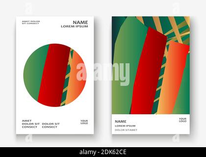 Creative Christmas cover golden frame design vector illustration. Green red abstract template invitation. Colorful striped pattern geometric shape gre Stock Vector