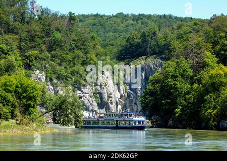 Germany, Bavaria, Weltenburg. Passenger ships on and in the Danube Gorge. Stock Photo