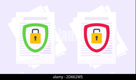 Shield with padlock on it security protection symbol in the magnifier circle glass set. Safety lock, privacy policy and data protection metaphor. Stock Vector
