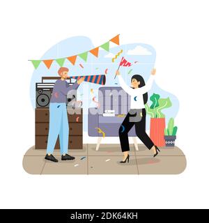 Home party. Happy couple dancing and having fun, flat vector illustration. Stock Vector