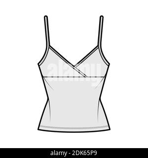 Camisole surplice tank cotton-jersey top technical fashion illustration with empire seam, thin adjustable straps, slim fit. Flat outwear template front, grey color. Women men CAD mockup Stock Vector