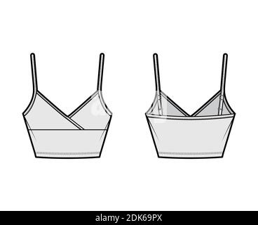 Crop Camisole surplice tank cotton-jersey top technical fashion illustration with empire seam, thin adjustable straps, slim fit. Flat outwear template front, back, grey color. Women men CAD mockup Stock Vector