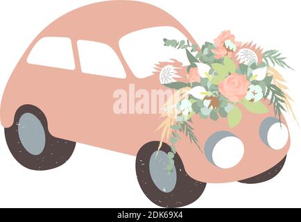 Elegant hand drawn pastel boho wedding car decorated with floral arrangement. Isolated on white Stock Vector