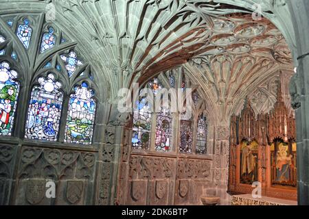 Traditional Stained Glass Windows inside a vaulted chapel within Chantry Chapel of Bishop John Stanbury, Hereford Cathedral, Herefordshire, UK Stock Photo