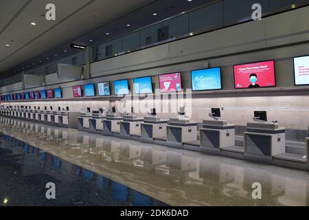 Empty ticket counters at the McCarran International Airport (LAS) amid the global coronavirus COVID-19 pandemic, Sunday, Dec. 13, 2020, in Las Vegas. Stock Photo
