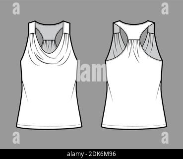 Tank racerback cowl top technical fashion illustration with ruching, oversized, tunic length. Flat apparel outwear shirt template front, back, white color. Women, men unisex CAD mockup Stock Vector