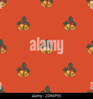 Christmas seamless pattern with golden jingle bells and holly leaves on red background. Stock Vector