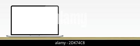Modern sleek laptop with a blank white screen, standing on a wooden table. Horizontal banner with a laptop, and copy space, for image or text placement. Realistic notebook vector template.  Stock Vector