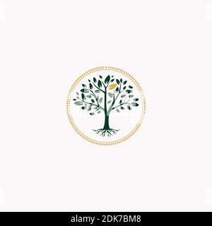Golden Tree of Life Stamp Seal Emblem Oak Banyan Maple logo design Stock Vector