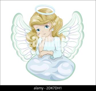 Christmas angel on cloud, new year symbol, picture in hand drawing cartoon style, for greeting card, postcard. baby shower. party invitation Stock Vector