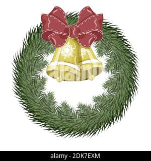 Vector Christmas wreath of spruce branches, with golden bells with red bow Stock Vector