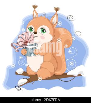 Cute baby winter squirrel with gifts on branch, picture in hand drawing cartoon style, for t-shirt wear fashion print design, greeting card, postcard. Stock Vector