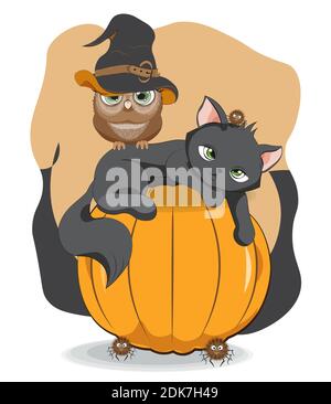 Halloween wink black cat. owl in witch hat and spider on pumpkin, Picture in hand drawing cartoon style, for t-shirt wear fashion print design, greeti Stock Vector