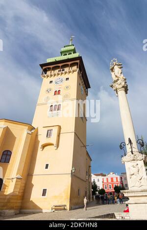 Retz, Town Hall, Plague Column in Weinviertel, Niederösterreich, Lower Austria, Austria Stock Photo