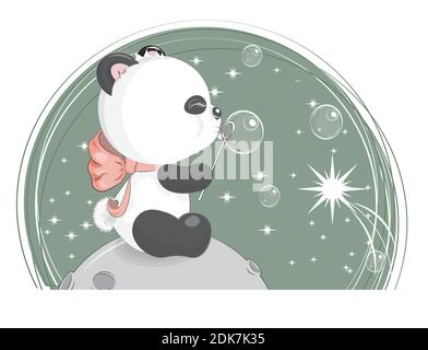 good night baby teddy panda bear with bow on mppn and soap bubbles. Picture in hand drawing style for baby shower. Greeting card, party invitation, fa Stock Vector