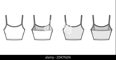 Set of Camisoles scoop neck cotton-jersey top technical fashion  illustration with adjustable straps, slim, oversized fit, crop and tunic  length. Flat tank front white color. Women men CAD mockup Stock Vector Image