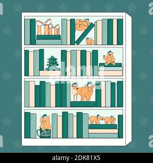 White Bookcase with animals toys in Santa Claus hats. A pair of hippos, hippopotamus on its back holds paws, cat in mug, deer, bear and highland bull, Christmas tree Stock Vector