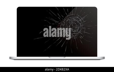 Laptop with a cracked screen. Realistic vector illustration of a notebook with the damaged black display, isolated on a white background. Stock Vector