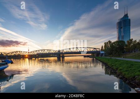 Wien, Vienna, river Donau (Danube), bridge Nordbahnbrücke, Donauturm (Danube Tower), DC Tower 1, Donaucity, cargo ship, Millennium Tower in 20. Brigittenau, Wien, Austria Stock Photo