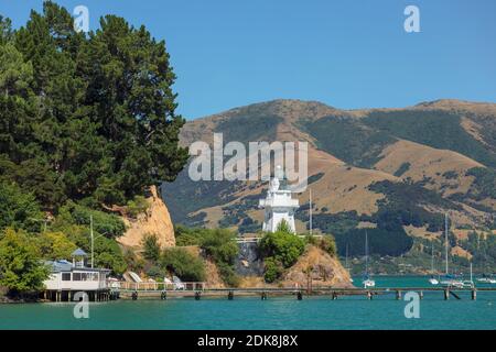 Lighthouse in Akaroa Bay, Banks Peninsula, Canterbury, South Island, New Zealand, Oceania Stock Photo