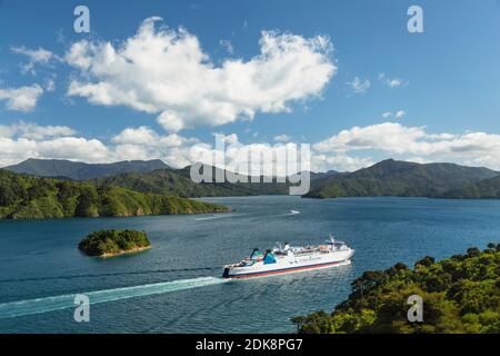 Ferry to Wellington in Queen Charlotte Sound, Picton, Marlborough Sounds, South Island, New Zealand Stock Photo