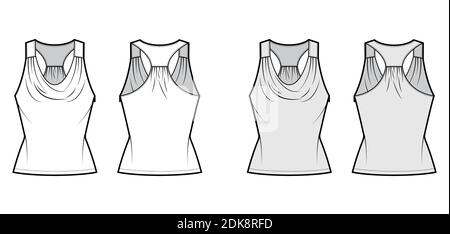 Tank racerback cowl top technical fashion illustration with ruching, fitted body, tunic length. Flat apparel outwear shirt template front, back, white grey color. Women, men unisex CAD mockup Stock Vector