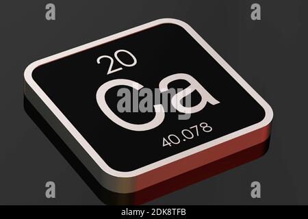 Calcium element from periodic table on black square block, 3D rendering Stock Photo