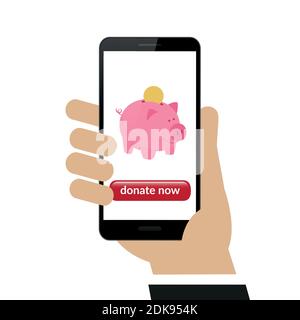 hand holds smartphone with piggy bank donate isolated on white background vector illustration EPS10 Stock Vector