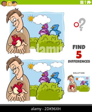 Cartoon illustration of finding the differences between pictures educational game for children with a bird in the hand is worth two in the bush saying Stock Vector
